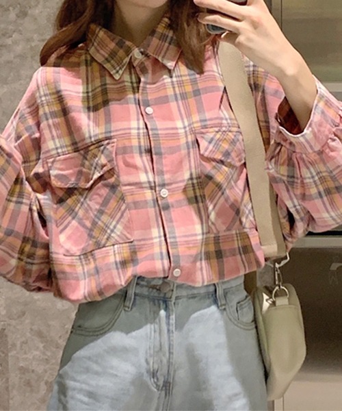 ブラウス シャツ 異素材チェックパターンオーバーシャツ レディース ap retro ブラウス シャツ オンブレチェックオーバーシャツ
