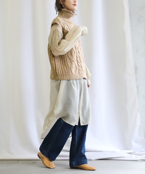 BACCA ケーブル編み 長袖ニット S 美品！ ベージュ Gran Sasso - 23180/18639 リネンコットンケーブルクルーネック