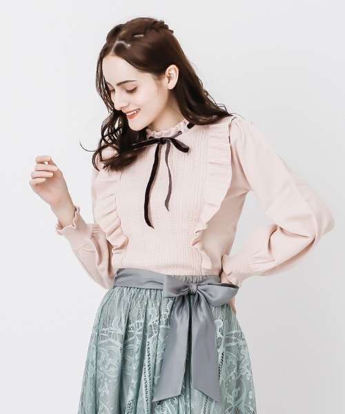 axes femme（アクシーズファム）の「肩フリルボリューム袖ニット（ニット/セーター・レディース・ピンク/ダークブラウン/キナリ・MEDIUM）」の2枚目の写真