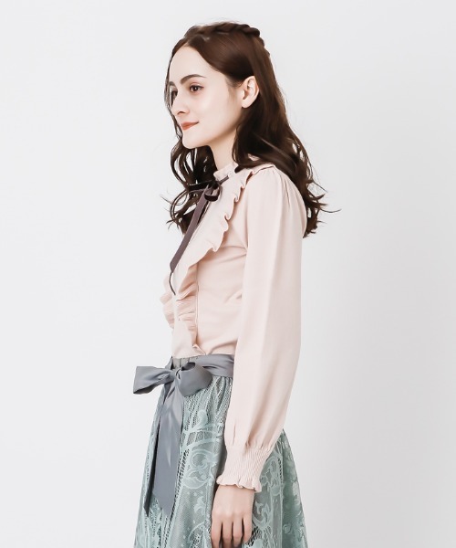 axes femme（アクシーズファム）の「肩フリルボリューム袖ニット（ニット/セーター・レディース・ピンク/ダークブラウン/キナリ・MEDIUM）」の4枚目の写真