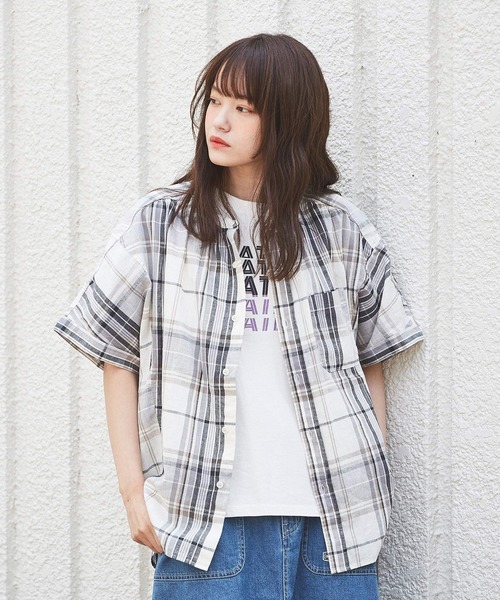 CUBE SUGAR（キューブシュガー）の「先染めチェック ５分袖 ドルマンシャツ（シャツ/ブラウス・レディース・ベージュ系その他/ホワイト系その他/グリーン系その他/マルチ・M）」の2枚目の写真