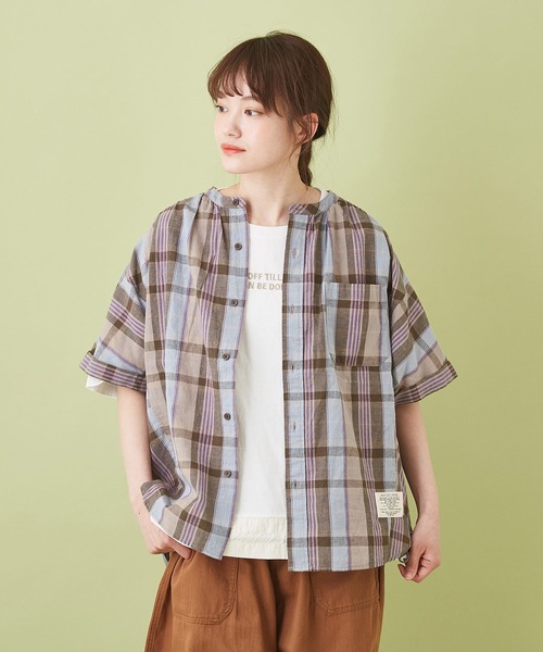 CUBE SUGAR（キューブシュガー）の「先染めチェック ５分袖 ドルマンシャツ（シャツ/ブラウス・レディース・ベージュ系その他/ホワイト系その他/グリーン系その他/マルチ・M）」の3枚目の写真