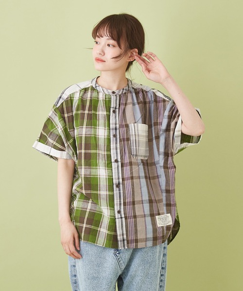 CUBE SUGAR（キューブシュガー）の「先染めチェック ５分袖 ドルマンシャツ（シャツ/ブラウス・レディース・ベージュ系その他/ホワイト系その他/グリーン系その他/マルチ・M）」の4枚目の写真