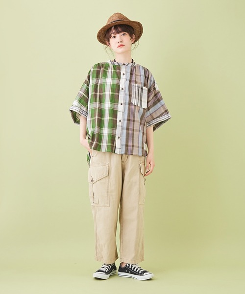 CUBE SUGAR（キューブシュガー）の「先染めチェック ５分袖 ドルマンシャツ（シャツ/ブラウス・レディース・ベージュ系その他/ホワイト系その他/グリーン系その他/マルチ・M）」の11枚目の写真