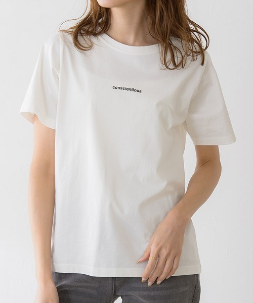 Pierrot(ピエロ)の「大人カジュアル conscientiousシルケットロゴTシャツ 綿100%(Tシャツ/カットソー・レディース・ホワイト×ブラック/ホワイト×ブラウン/ベージュ系その他・M/L)」の10枚目の写真