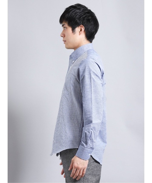 リネン混ストライプ切替 ボタンダウン長袖シャツ シャツ ブラウス M F Editorial エムエフエディトリアル のファッション エムエフエディトリアルメンズ M F Editorial Men