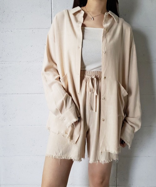me+em select（ミームセレクト）の「【数量限定販売】【 リネンセットアップ 】オーバーシャツ＆ショートパンツ SET（セットアップ・レディース・キャメル/ベージュ系その他/ホワイト/ブラック/ベージュ・FREE）」の3枚目の写真