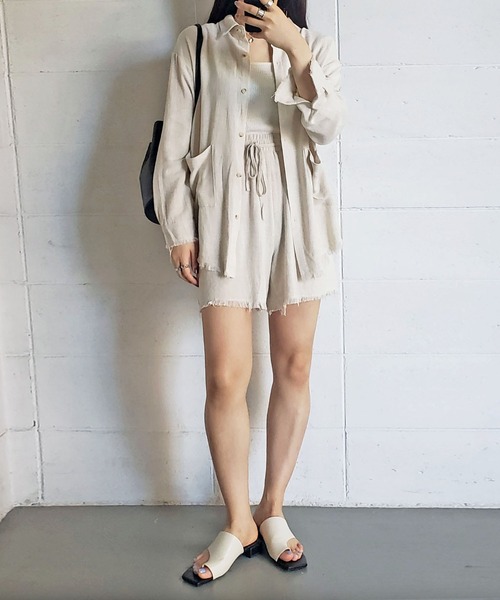 me+em select（ミームセレクト）の「【数量限定販売】【 リネンセットアップ 】オーバーシャツ＆ショートパンツ SET（セットアップ・レディース・キャメル/ベージュ系その他/ホワイト/ブラック/ベージュ・FREE）」の20枚目の写真