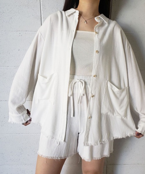 me+em select（ミームセレクト）の「【数量限定販売】【 リネンセットアップ 】オーバーシャツ＆ショートパンツ SET（セットアップ・レディース・キャメル/ベージュ系その他/ホワイト/ブラック/ベージュ・FREE）」の8枚目の写真