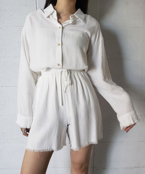 me+em select（ミームセレクト）の「【数量限定販売】【 リネンセットアップ 】オーバーシャツ＆ショートパンツ SET（セットアップ・レディース・キャメル/ベージュ系その他/ホワイト/ブラック/ベージュ・FREE）」の6枚目の写真