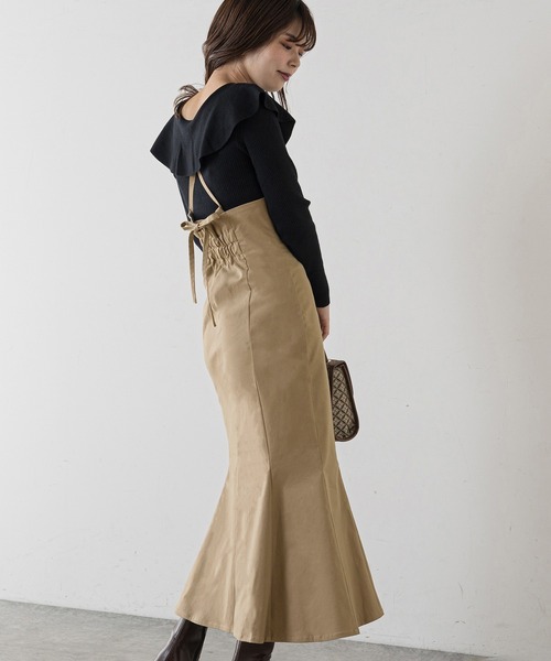 natural couture（ナチュラルクチュール）の「【WEB限定】ハイウエストマーメイドジャンスカ（ジャンパースカート・レディース・スミクロ/グリーン/ブラウン/ベージュ/チェック・FREE）」の4枚目の写真