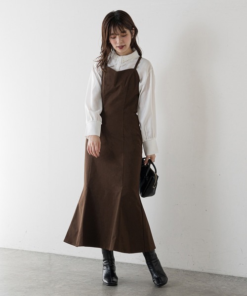 natural couture（ナチュラルクチュール）の「【WEB限定】ハイウエストマーメイドジャンスカ（ジャンパースカート・レディース・スミクロ/グリーン/ブラウン/ベージュ/チェック・FREE）」の18枚目の写真