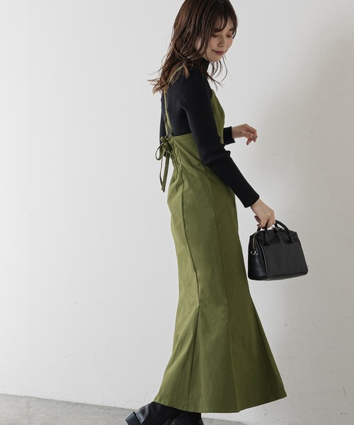 natural couture（ナチュラルクチュール）の「【WEB限定】ハイウエストマーメイドジャンスカ（ジャンパースカート・レディース・スミクロ/グリーン/ブラウン/ベージュ/チェック・FREE）」の16枚目の写真