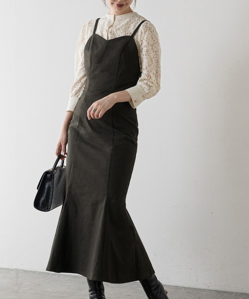 natural couture（ナチュラルクチュール）の「【WEB限定】ハイウエストマーメイドジャンスカ（ジャンパースカート・レディース・スミクロ/グリーン/ブラウン/ベージュ/チェック・FREE）」の6枚目の写真