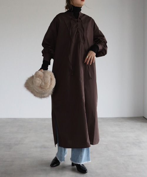 r.(アールドット)の「前後2wayレースアップ ワンピース(シャツワンピース・レディース・ブラック/ブラウン/オレンジ/グレイッシュベージュ・FREE)」の11枚目の写真