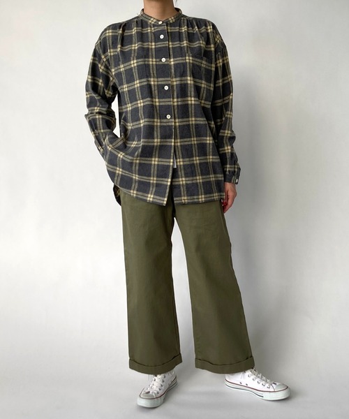 BROOKLYN OVERALL（ブルックリンオーバーオール）の「スタンドカラーギャザーシャツ（シャツ/ブラウス・レディース・ブルー/イエロー・FREE）」の8枚目の写真