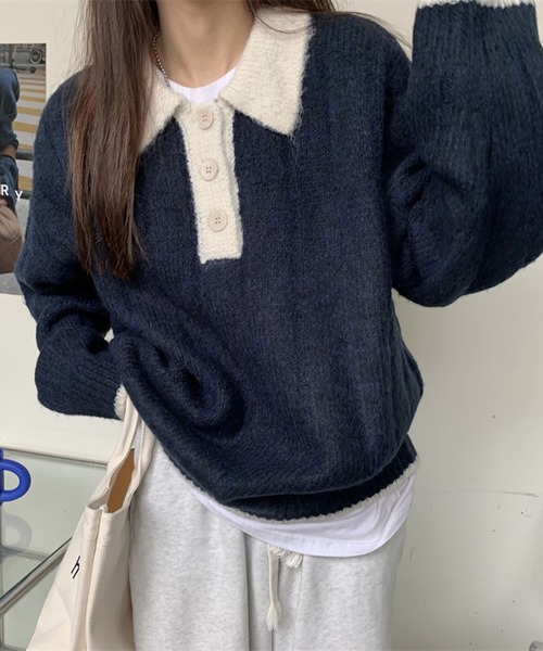 HALEY PESCA（ヘーリーペスカ）の「HALEY PESCA/カラー切替 ニットポロシャツ（ポロシャツ・レディース・グレー/ネイビー/ピンク/ホワイト・FREE）」の3枚目の写真