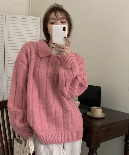 HALEY PESCA（ヘーリーペスカ）の「HALEY PESCA/カラー切替 ニットポロシャツ（ポロシャツ・レディース・グレー/ネイビー/ピンク/ホワイト・FREE）」の14枚目の写真