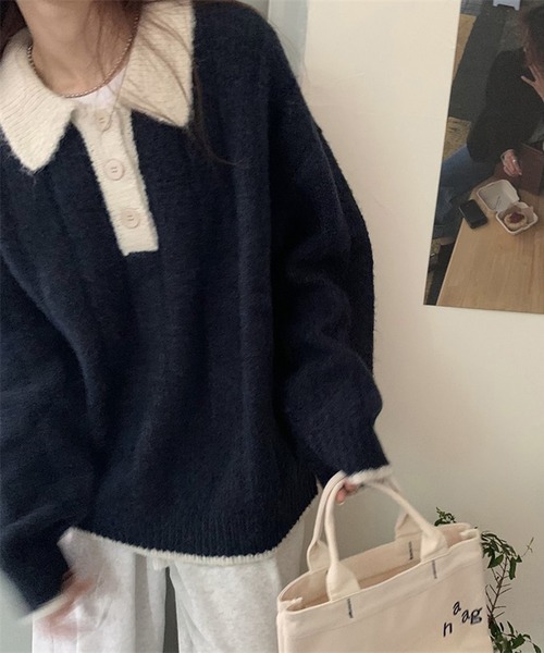 HALEY PESCA（ヘーリーペスカ）の「HALEY PESCA/カラー切替 ニットポロシャツ（ポロシャツ・レディース・グレー/ネイビー/ピンク/ホワイト・FREE）」の13枚目の写真