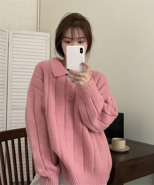 HALEY PESCA（ヘーリーペスカ）の「HALEY PESCA/カラー切替 ニットポロシャツ（ポロシャツ・レディース・グレー/ネイビー/ピンク/ホワイト・FREE）」の9枚目の写真