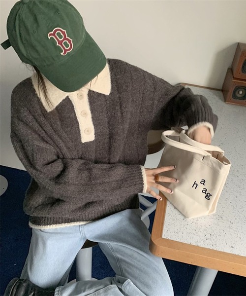 HALEY PESCA（ヘーリーペスカ）の「HALEY PESCA/カラー切替 ニットポロシャツ（ポロシャツ・レディース・グレー/ネイビー/ピンク/ホワイト・FREE）」の17枚目の写真