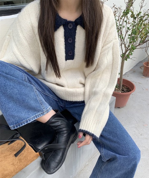 HALEY PESCA（ヘーリーペスカ）の「HALEY PESCA/カラー切替 ニットポロシャツ（ポロシャツ・レディース・グレー/ネイビー/ピンク/ホワイト・FREE）」の10枚目の写真