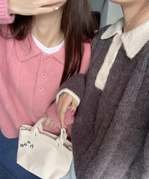 HALEY PESCA（ヘーリーペスカ）の「HALEY PESCA/カラー切替 ニットポロシャツ（ポロシャツ・レディース・グレー/ネイビー/ピンク/ホワイト・FREE）」の8枚目の写真