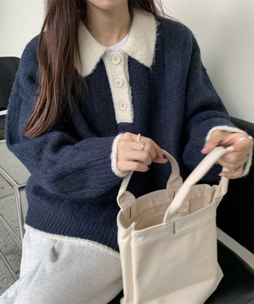 HALEY PESCA（ヘーリーペスカ）の「HALEY PESCA/カラー切替 ニットポロシャツ（ポロシャツ・レディース・グレー/ネイビー/ピンク/ホワイト・FREE）」の7枚目の写真
