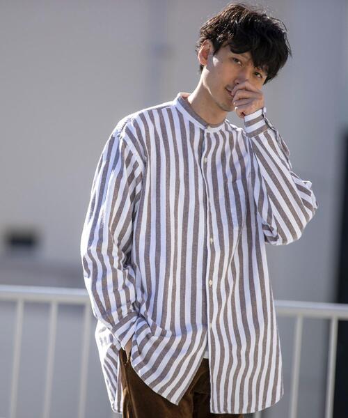 coen(コーエン)の「起毛ストライプバンドカラーシャツ(シャツ/ブラウス・メンズ・ネイビー/ブラウン・SMALL/MEDIUM/LARGE/X-LARGE)」の3枚目の写真