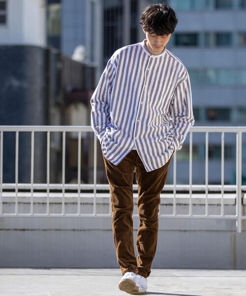coen(コーエン)の「起毛ストライプバンドカラーシャツ(シャツ/ブラウス・メンズ・ネイビー/ブラウン・SMALL/MEDIUM/LARGE/X-LARGE)」の4枚目の写真