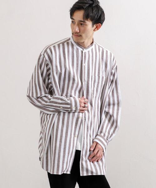 coen(コーエン)の「起毛ストライプバンドカラーシャツ(シャツ/ブラウス・メンズ・ネイビー/ブラウン・SMALL/MEDIUM/LARGE/X-LARGE)」の5枚目の写真