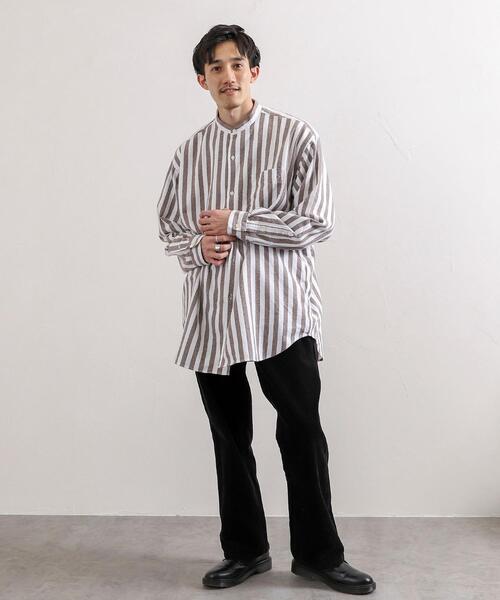 coen(コーエン)の「起毛ストライプバンドカラーシャツ(シャツ/ブラウス・メンズ・ネイビー/ブラウン・SMALL/MEDIUM/LARGE/X-LARGE)」の6枚目の写真