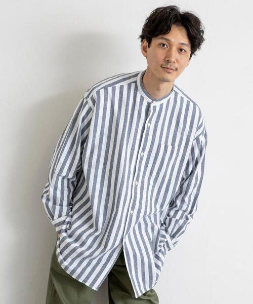 coen(コーエン)の「起毛ストライプバンドカラーシャツ(シャツ/ブラウス・メンズ・ネイビー/ブラウン・SMALL/MEDIUM/LARGE/X-LARGE)」の7枚目の写真