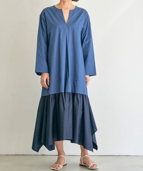 OUTERSUNSET(アウターサンセット)の「OUTERSUNSET switching bi-color one-piece(ワンピース・レディース・ベージュ/ネイビー・FREE)」の2枚目の写真