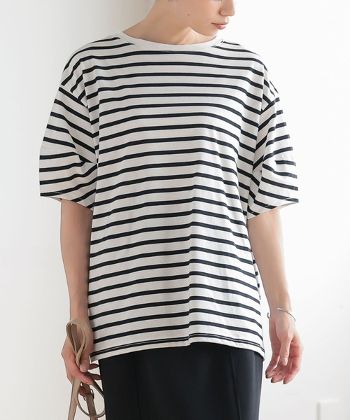 KOBE LETTUCE（コウベレタス）の「ランタンショートスリーブボーダートップス（Tシャツ/カットソー・レディース・ホワイト×グリーン/ホワイト×ブルー/ホワイト×ブラック/ピンク系その他/ホワイト×イエロー/ピンク系その他2・FREE）」の3枚目の写真