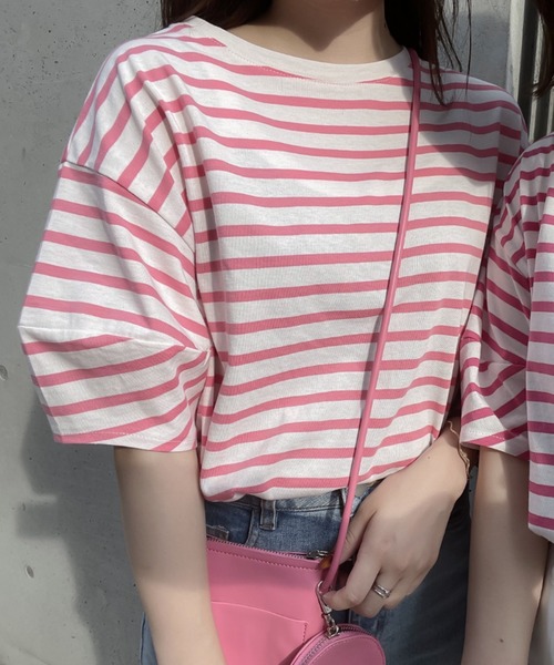 KOBE LETTUCE（コウベレタス）の「ランタンショートスリーブボーダートップス（Tシャツ/カットソー・レディース・ホワイト×グリーン/ホワイト×ブルー/ホワイト×ブラック/ピンク系その他/ホワイト×イエロー/ピンク系その他2・FREE）」の5枚目の写真