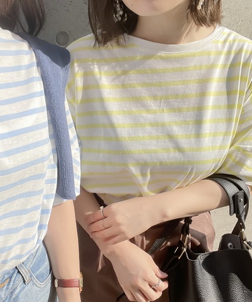 KOBE LETTUCE（コウベレタス）の「ランタンショートスリーブボーダートップス（Tシャツ/カットソー・レディース・ホワイト×グリーン/ホワイト×ブルー/ホワイト×ブラック/ピンク系その他/ホワイト×イエロー/ピンク系その他2・FREE）」の4枚目の写真