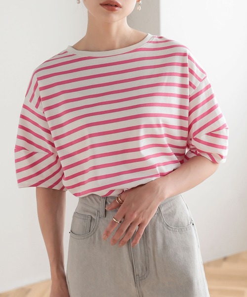 KOBE LETTUCE（コウベレタス）の「ランタンショートスリーブボーダートップス（Tシャツ/カットソー・レディース・ホワイト×グリーン/ホワイト×ブルー/ホワイト×ブラック/ピンク系その他/ホワイト×イエロー/ピンク系その他2・FREE）」の6枚目の写真