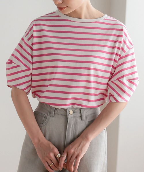 KOBE LETTUCE（コウベレタス）の「ランタンショートスリーブボーダートップス（Tシャツ/カットソー・レディース・ホワイト×グリーン/ホワイト×ブルー/ホワイト×ブラック/ピンク系その他/ホワイト×イエロー/ピンク系その他2・FREE）」の7枚目の写真