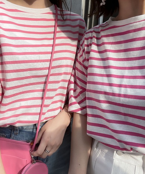 KOBE LETTUCE（コウベレタス）の「ランタンショートスリーブボーダートップス（Tシャツ/カットソー・レディース・ホワイト×グリーン/ホワイト×ブルー/ホワイト×ブラック/ピンク系その他/ホワイト×イエロー/ピンク系その他2・FREE）」の11枚目の写真