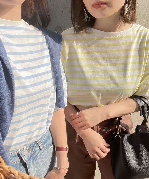 KOBE LETTUCE（コウベレタス）の「ランタンショートスリーブボーダートップス（Tシャツ/カットソー・レディース・ホワイト×グリーン/ホワイト×ブルー/ホワイト×ブラック/ピンク系その他/ホワイト×イエロー/ピンク系その他2・FREE）」の13枚目の写真