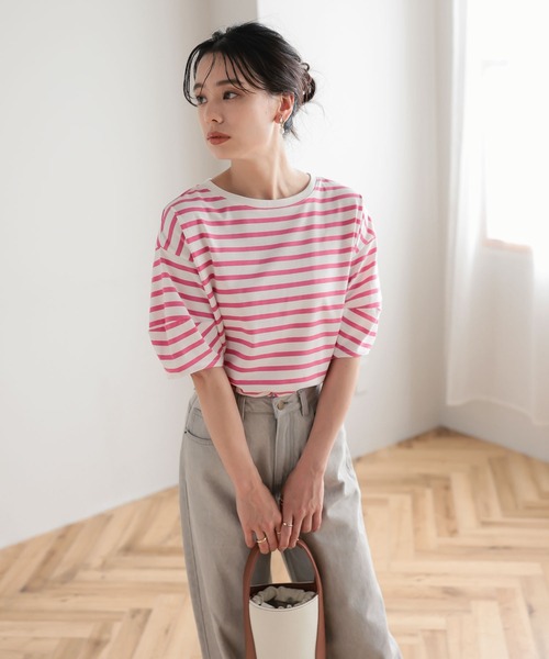 KOBE LETTUCE（コウベレタス）の「ランタンショートスリーブボーダートップス（Tシャツ/カットソー・レディース・ホワイト×グリーン/ホワイト×ブルー/ホワイト×ブラック/ピンク系その他/ホワイト×イエロー/ピンク系その他2・FREE）」の9枚目の写真