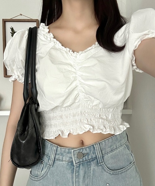 Cham.（チャム）の「フリルギャザーブラウス（シャツ/ブラウス・レディース・ブラック/オフホワイト・F）」の2枚目の写真