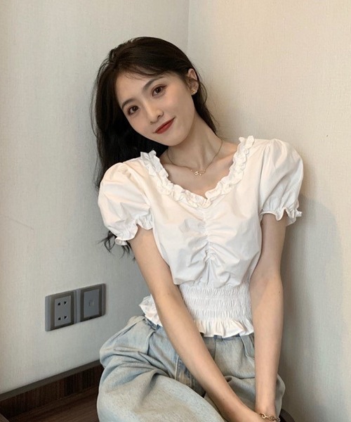 Cham.（チャム）の「フリルギャザーブラウス（シャツ/ブラウス・レディース・ブラック/オフホワイト・F）」の3枚目の写真