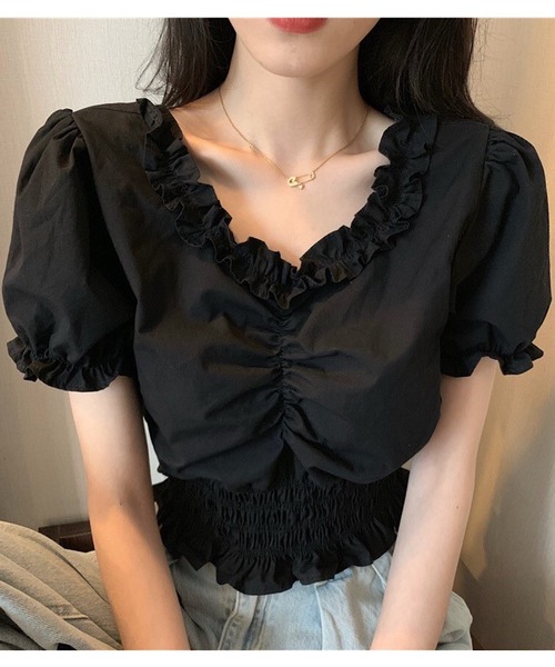 Cham.（チャム）の「フリルギャザーブラウス（シャツ/ブラウス・レディース・ブラック/オフホワイト・F）」の4枚目の写真
