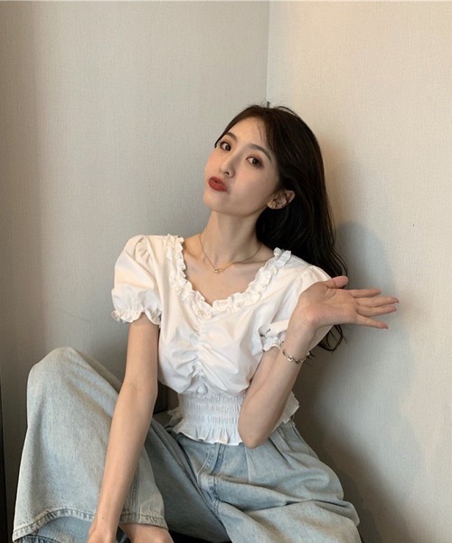 Cham.（チャム）の「フリルギャザーブラウス（シャツ/ブラウス・レディース・ブラック/オフホワイト・F）」の5枚目の写真