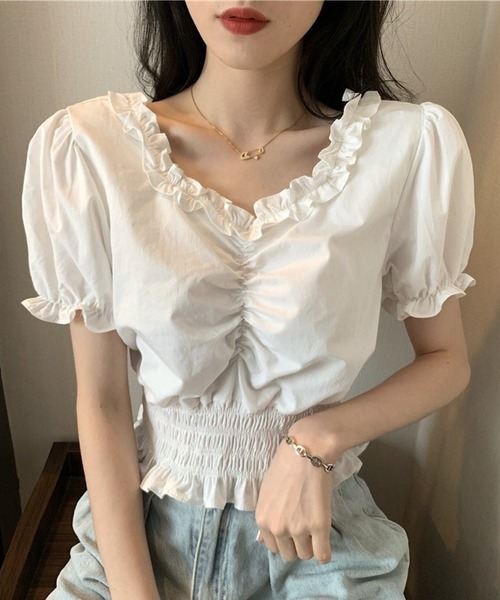 Cham.（チャム）の「フリルギャザーブラウス（シャツ/ブラウス・レディース・ブラック/オフホワイト・F）」の8枚目の写真