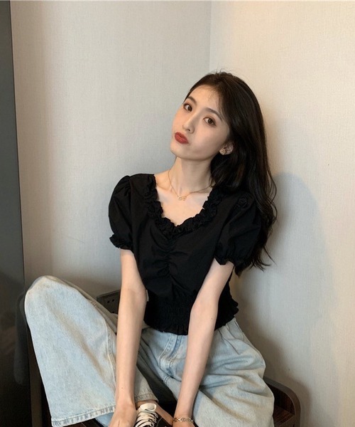 Cham.（チャム）の「フリルギャザーブラウス（シャツ/ブラウス・レディース・ブラック/オフホワイト・F）」の7枚目の写真