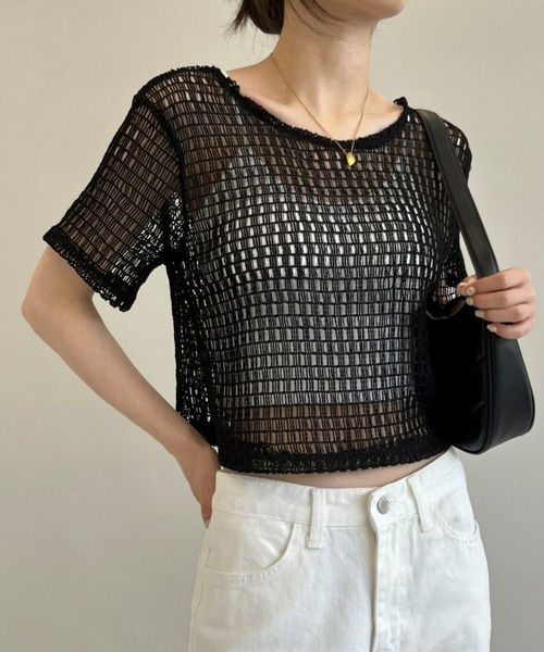 ALAND(エーランド)の「3.3 Field Trip/MESH CROP TOP 2353159(Tシャツ/カットソー・レディース・クリーム/ブラック・FREE)」の2枚目の写真