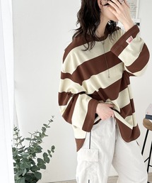 《JaVa ジャバコラボ》目を惹く、カジュアル。綿100%ワイドボーダー裾ラウンドbigシルエット オーバーサイズ ロンTee